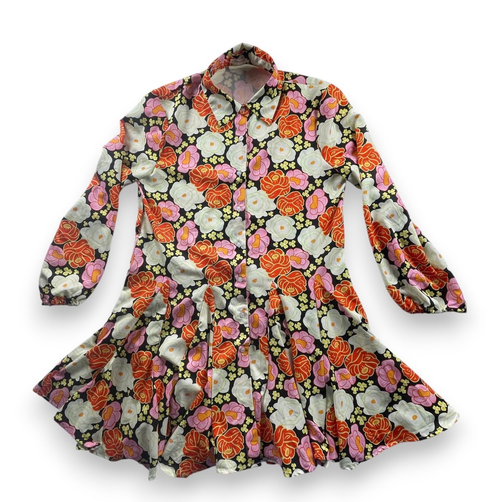 Sunday Up Womens Retro 60s Floral Button Down Pleated Mini Dress Orange Pink M